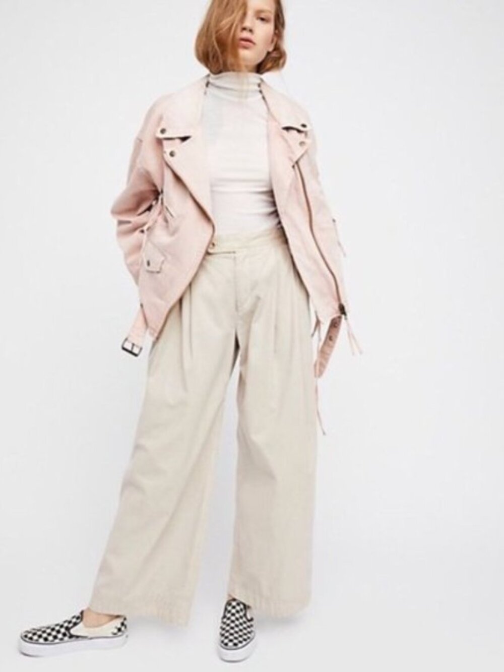 Free People Oversized Denim Pink Moto Jacket